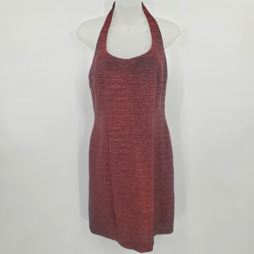♧♧ Vintage Dawn Joy Metallic Red and Black Halter Neck Mini Dress Size 9/10